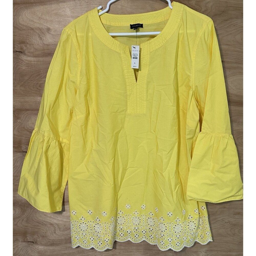 NWT Talbots woman XL Yellow Embroidered Poplin Top Eyelet Trim Boho bell Sleeve